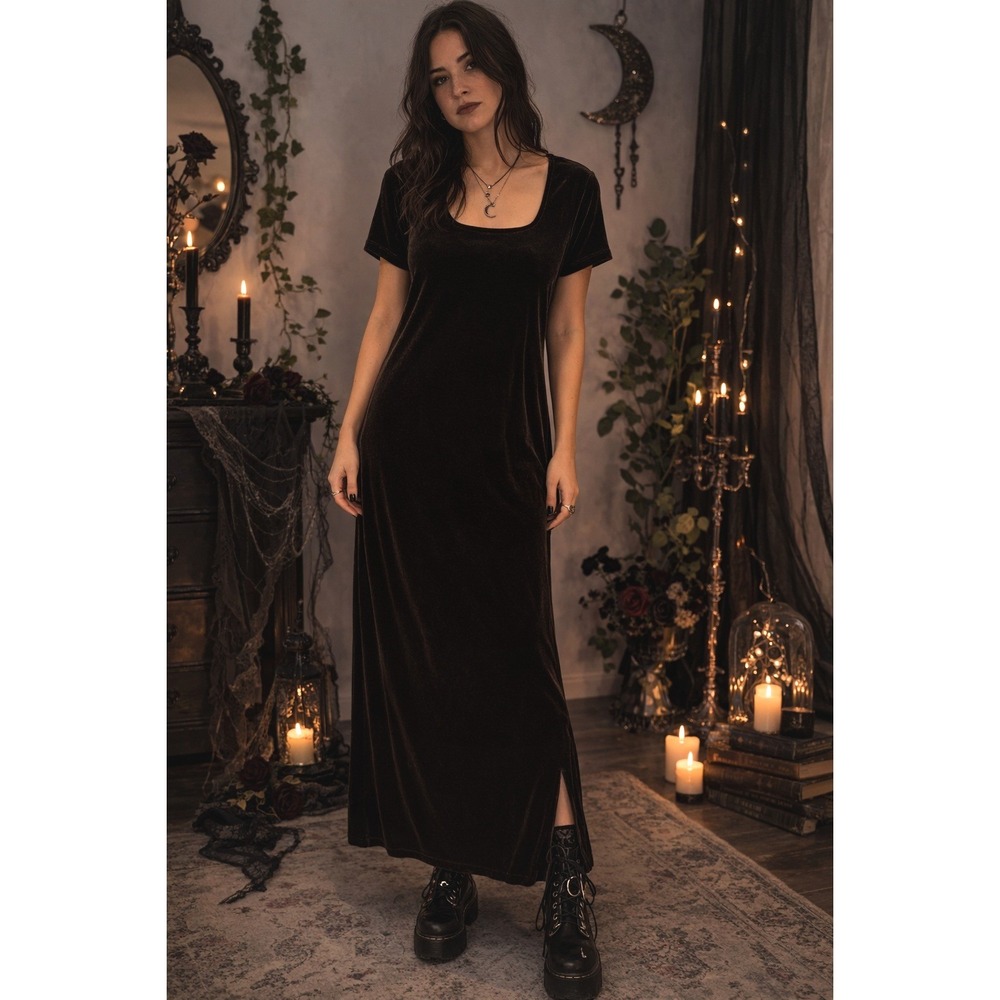 VTG Cassini Womens Velvet Maxi Dress L Brown Side Slit 90s Whimsigoth Witchy
